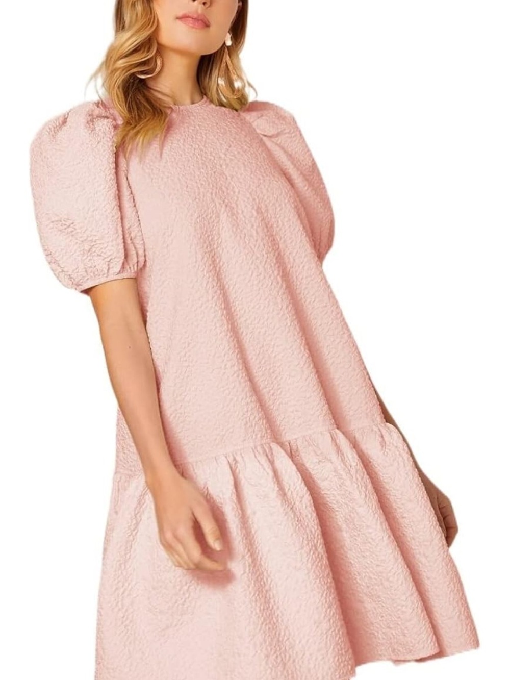 Puff Sleeve Textured Midi Dress - Pink